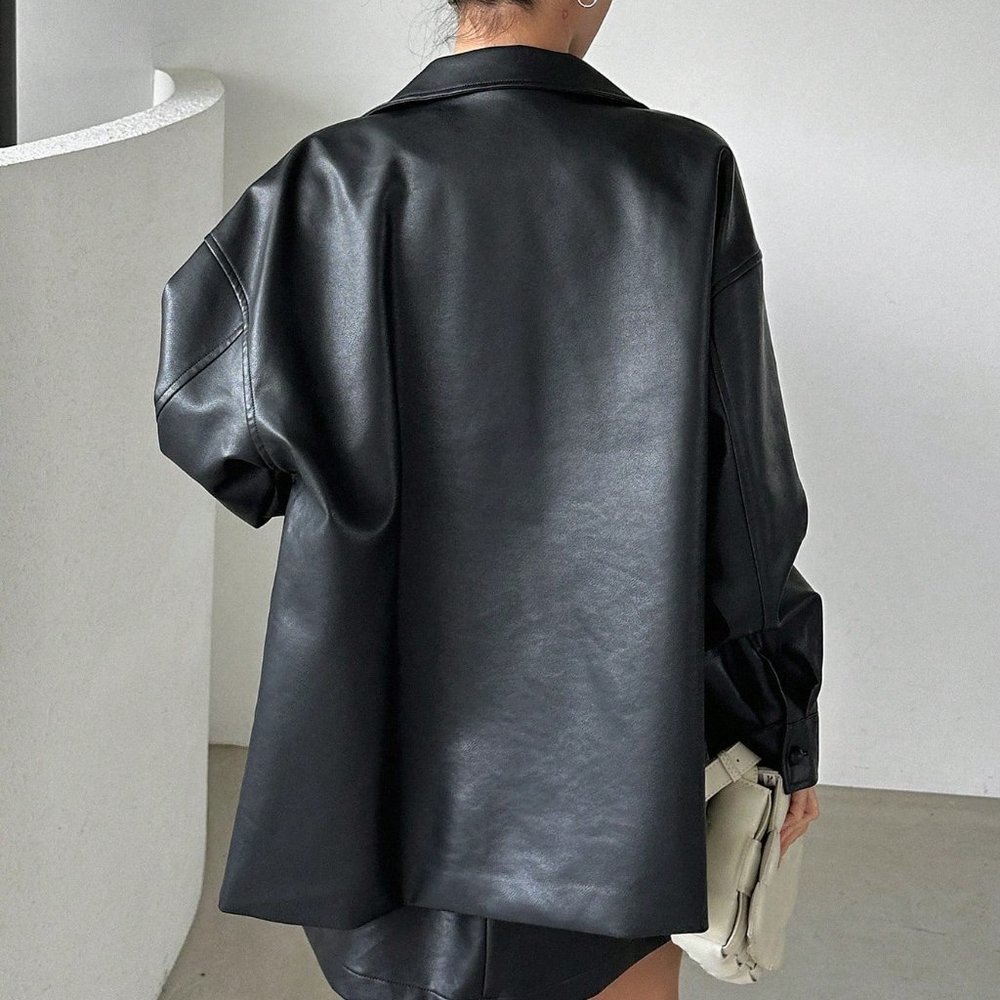 Black Casual Womens Drop Shoulder PU Leather Coat - Picture 3 of 5
